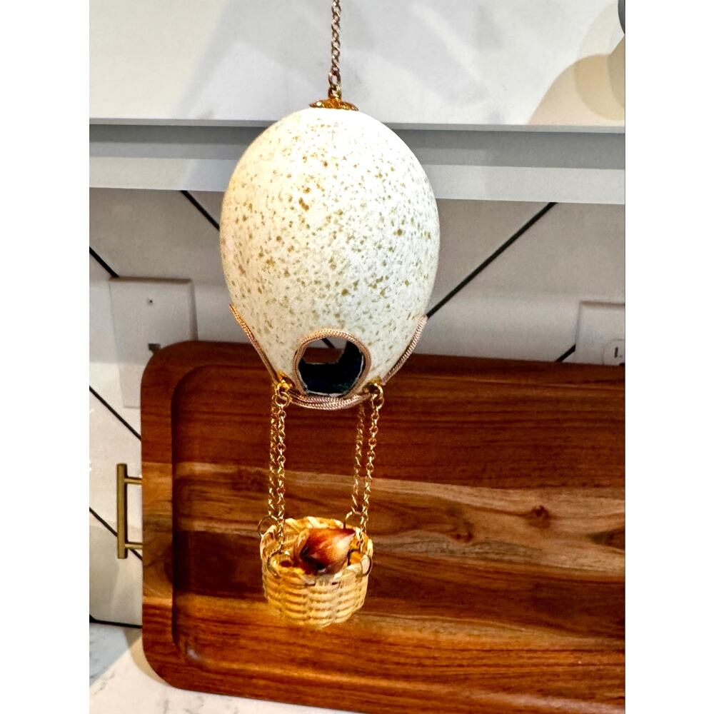 vintage handmade eggshell diorama whimsical hot air balloon w/cat in the basket